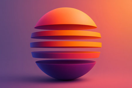 Orange and purple sliced sphere creating an abstract and colorful design on gradient backgroundの素材