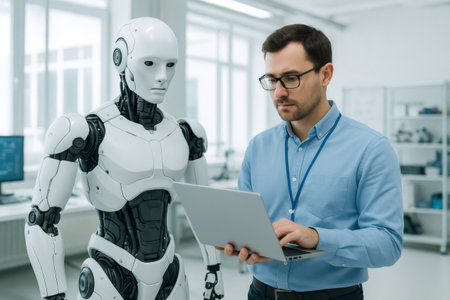 Robotics engineer using laptop, collaborating with advanced humanoid robot in high tech laboratory environment, showing innovative technologyの素材