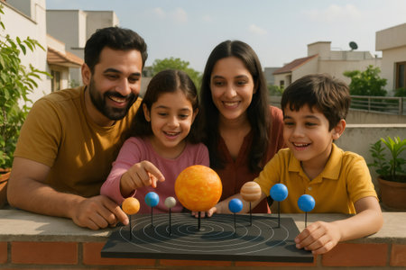 Happy family enjoying quality time together while engaging with a solar system model, fostering education and curiosity about spaceの素材