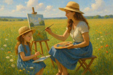 Mother and daughter are painting outdoors in a beautiful field of wildflowers on a bright, sunny dayの素材