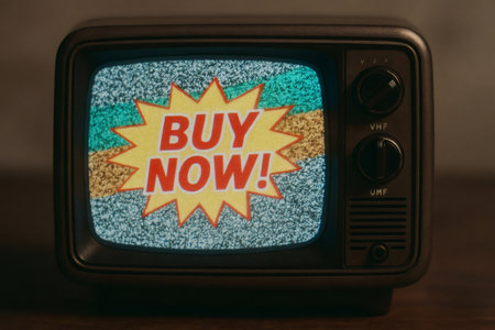 Old fashioned TV set showing a vibrant Buy Now. message against a backdrop of static noise, symbolizing consumerismの素材
