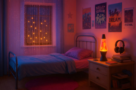 Cozy and stylish retro teen bedroom is illuminated by the warm glow of a lava lamp and fairy lights, creating a relaxing and nostalgic atmosphereの素材