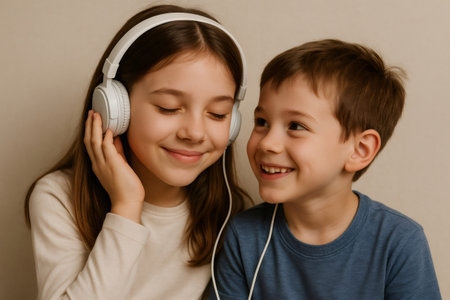 Happy sister and brother sharing headphones and enjoying music together, childhood bonding and happiness conceptの素材