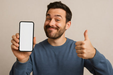 Cheerful man showing blank smartphone screen and gesturing thumbs up, recommending mobile app or websiteの素材