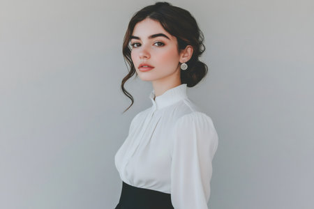 Studio portrait of a confident young woman wearing a stylish white blouse and black skirt, showing minimalist fashion and eleganceの素材