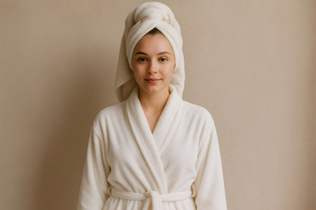 Model wearing a bathrobe and towel, posing gracefully after a refreshing shower, embodying the essence of body care and wellnessの素材
