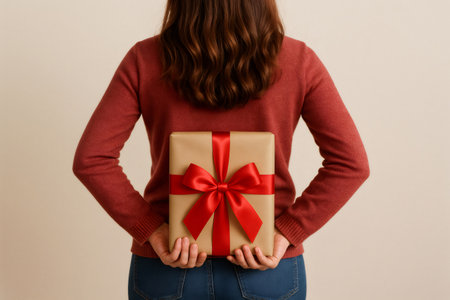 Woman holding a surprise gift box wrapped in a vibrant red ribbon, hiding it behind her back and creating a moment filled with excitementの素材