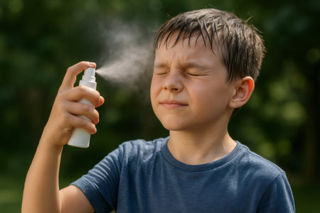Boy spraying refreshing mist on his face while enjoying a hot summer day outdoors, embracing the coolness in nature's beautyの素材
