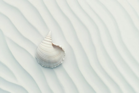 White seashell lying on textured sand with ripples, creating a minimalist and elegant compositionの素材