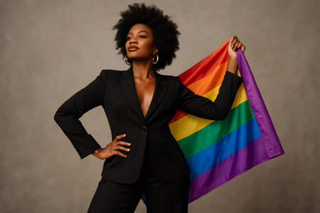 Studio portrait of fashionable businesswoman holding rainbow flag, symbolizing LGBTQ plus pride and inclusivity in corporate settingの素材