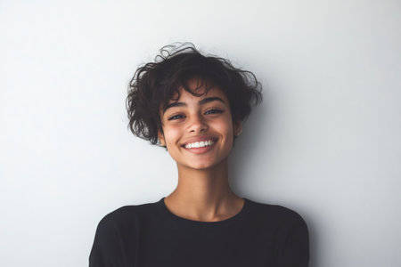 Portrait of a cheerful young woman with short curly hair and dark shirt, expressing happiness and positivity against a minimalist white backdropの素材