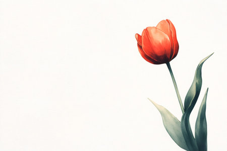 Watercolor painting featuring a single red tulip with green leaves, creating a minimalist and elegant floral design on a clean white backdropの素材