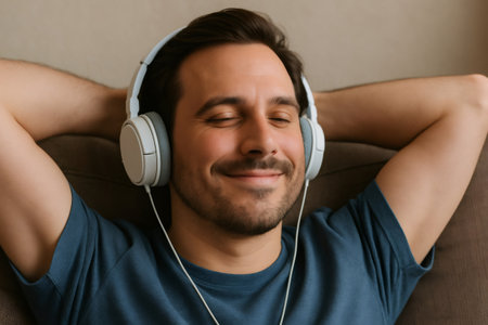 Relaxed man enjoying music with headphones, resting on a comfortable sofa with his hands behind his headの素材