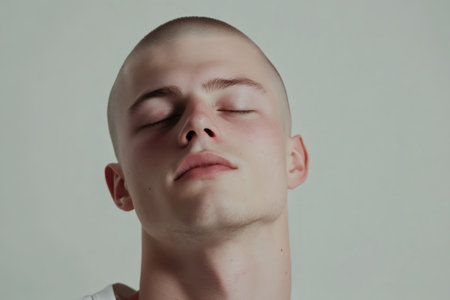 Close up portrait of a young man with a shaved head closing his eyes, conveying a sense of introspection and mindfulnessの素材