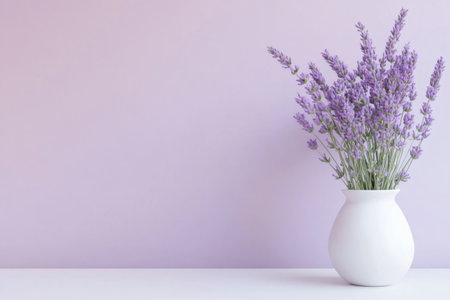 Fresh lavender flowers arranged in a stylish white vase, creating a calming and elegant scene against a minimalist purple backdropの素材