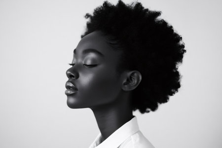 Side view portrait of a young model with closed eyes and afro hair, wearing a white shirt, in black and whiteの素材