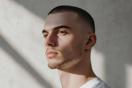 Close up portrait of a fashionable young man with short hair and beard illuminated by natural lightの素材