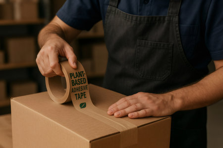 Close up of hands using eco friendly packaging tape, emphasizing sustainable logistics and green business practicesの素材