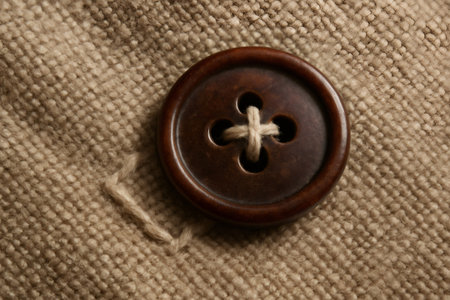 Wooden button carefully sewn onto natural fiber cloth, highlighting traditional sewing techniquesの素材