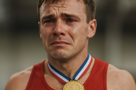 Male athlete wearing a gold medal, crying tears of joy after achieving victory in a competition, embodying pride and emotionの素材