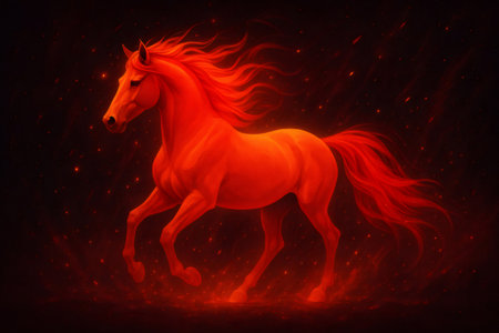 Digital artwork of a majestic red horse with flowing mane and tail, galloping through a dark, fiery landscape with glowing embersの素材