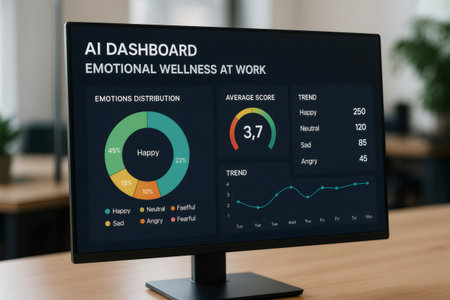 Modern computer monitor displaying an AI powered dashboard analyzing emotional wellness trends and distribution in a workplace environmentの素材