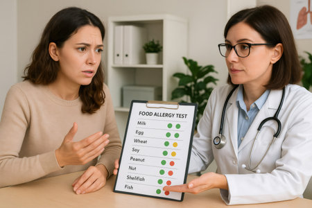 Doctor discussing food allergy test results with patient during a consultation in a medical clinic, providing insights and guidance on health concernsの素材