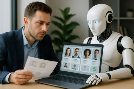 Recruiter working with humanoid robot analyzing candidate profiles on a laptop, making hiring decisions using artificial intelligenceの素材
