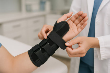 Doctor carefully adjusting wrist brace on patient's arm, providing support and stability for injury recoveryの素材