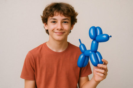 Portrait of a happy teenager holding a blue balloon animal, showcasing joy and childhood wonderの素材