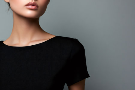 Close up portrait of a fashion model showing perfect skin, elegant makeup, and a minimalist black dress against a gray backgroundの素材