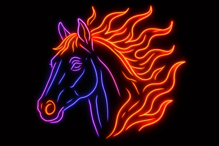 Colorful neon sign depicting a horse head with a stylized flaming mane, glowing on a black backgroundの素材