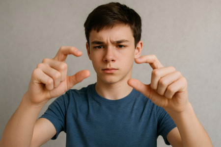 Young man making a pinching gesture with his fingers, symbolizing zooming or resizing on a touch screenの素材