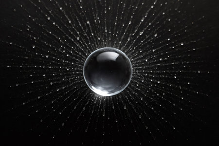 Tiny water droplets exploding in a radial pattern from a glass sphere creating a mesmerizing visual on a black backgroundの素材