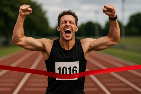 Male athlete crossing finish line raising arms celebrating victory in a running race on a trackの素材