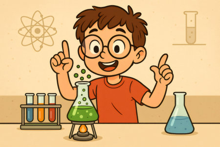 Enthusiastic child performing a science experiment, surrounded by test tubes, flasks, and an atom symbol, showcasing the fun and educational aspects of chemistryの素材