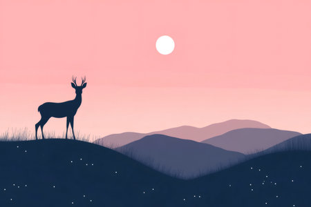 Minimalist landscape illustration featuring a deer silhouette against a pink sunset sky, with rolling hills and a full moonの素材