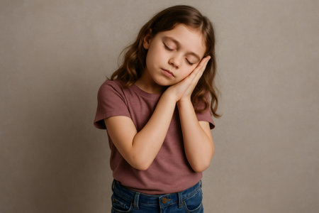 Adorable young girl mimicking sleep while standing, hands cupping her face, eyes closed, against a simple backdropの素材