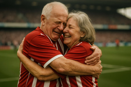 Happy senior couple wearing matching red jerseys, embracing and laughing joyfully together at a lively stadium filled with excitementの素材
