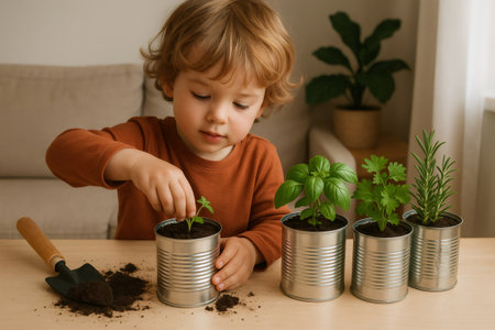 Preschooler planting herbs in recycled cans, promoting sustainable gardening practices and early childhood environmental awarenessの素材