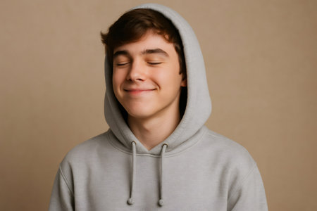 Studio portrait of a young man with closed eyes smiling and wearing a gray hoodie on a beige backgroundの素材