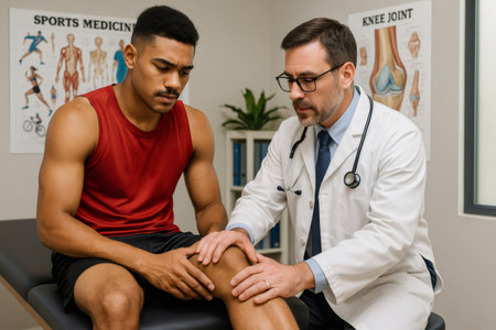 Doctor examining an athlete's painful knee during a medical consultation in a sports medicine clinic, focusing on injury assessment and treatmentの素材