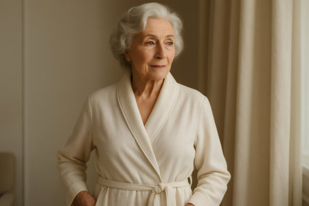 Relaxed senior woman wearing a bathrobe and looking out the window, enjoying a peaceful moment at homeの素材