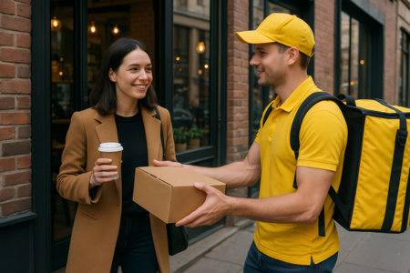 Smiling delivery man handing a cardboard box to businesswoman holding a takeaway coffee cup, showcasing efficient service on a city streetの素材