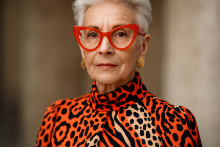 Portrait of a confident, stylish senior woman with short gray hair, wearing red cat eye glasses and an animal print dress, showing her unique fashion sense and personalityの素材