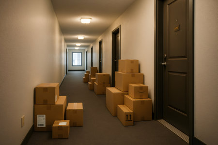 Cardboard boxes are stacked along an apartment building hallway, suggesting recent deliveries or an upcoming moveの素材