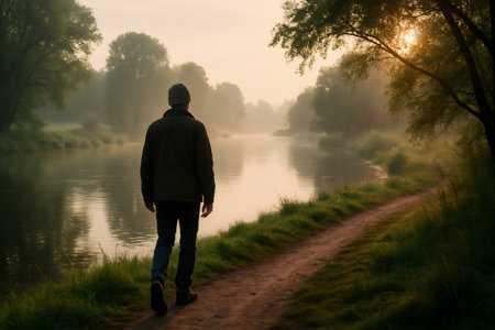 Man walking along a tranquil path beside the river at sunrise, savoring the peace and beauty of nature in the morning lightの素材