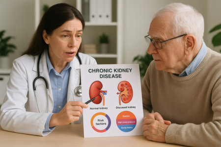 Female doctor pointing at a chronic kidney disease infographic while explaining it to a senior man patientの素材