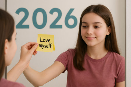Young woman sticking a yellow note with the inspirational message love myself on a mirror, starting the year 2026 with self confidence and optimismの素材