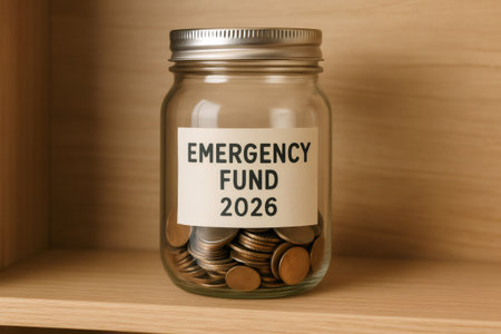 Coins inside a glass jar labeled emergency fund 2026, illustrating the concept of saving money for unexpected eventsの素材